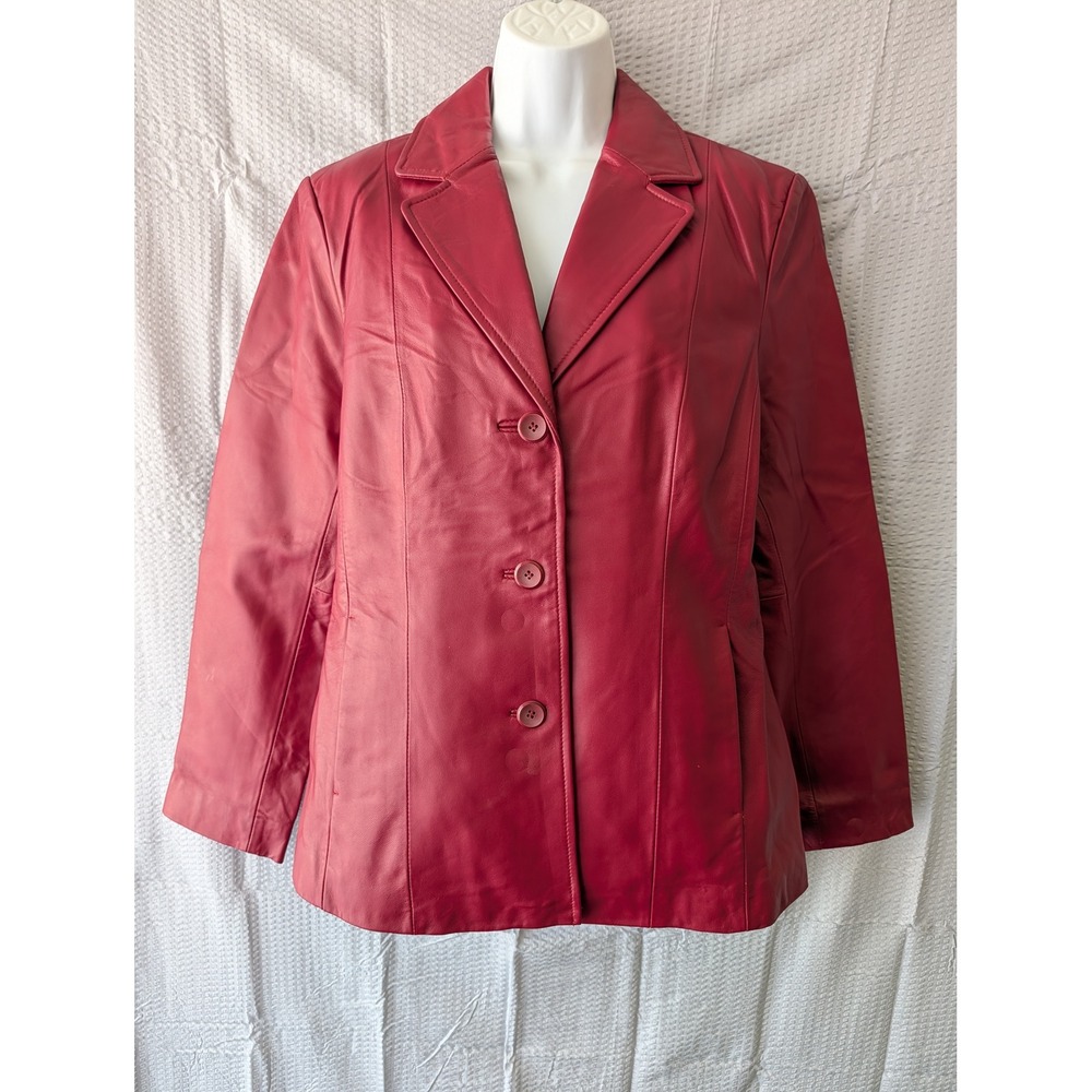 Siena Womens Red Genuine Leather 3 Button Blazer Jacket Size 10